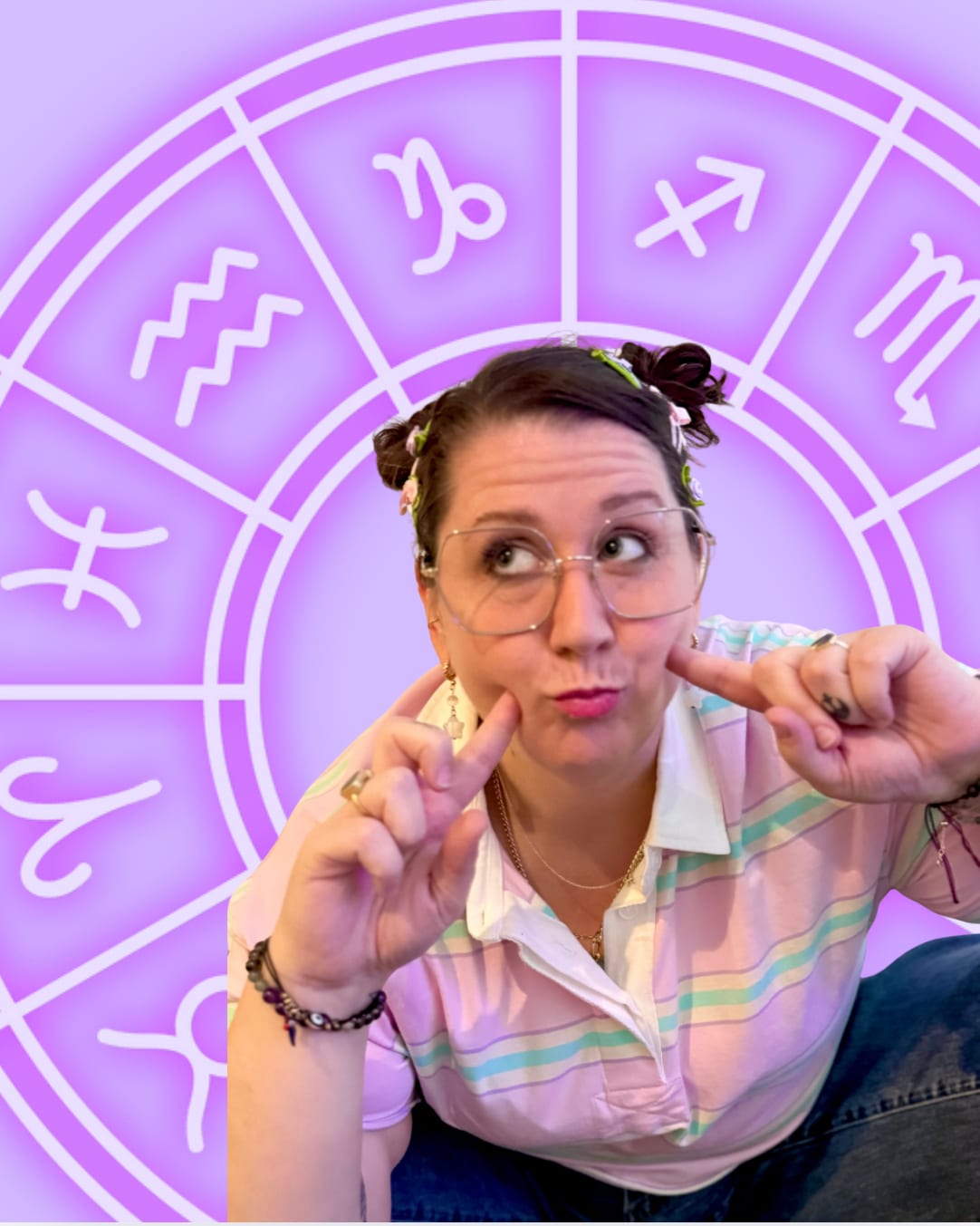 Muriel making a thinking face in front of a lilac zodiac wheel